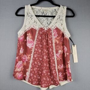 Mixed Floral Panel Tank Top Crochet Lace Pink Cream Boho Cottagecore Soft Size M